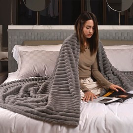 KAWAHOME Luxury Faux Fur Throw Blanket - Ultra Soft Fluffy Warm Stripe Faux Fur Winter Blanket, Fuzzy, Thick, Plush, Elegant Blankets for Couch Bed Sofa Chair, 59x79 Inches, Grey