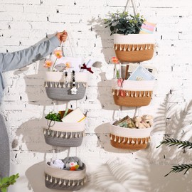 SiliFine Over The Door Hanging Basket Boho Woven Wall Hanging Baskets 3-Tier Cotton Wall Mounted Storage Organizer Bag Macrame Decorative Hanging Baskets for Kitchen Laundry Room Stairs(Gray, White)