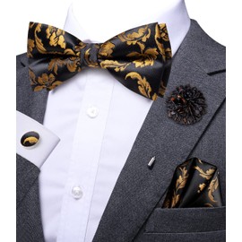 Dubulle Black Gold Bowtie for Men Paisley Floral Mens Pretied Bowtie and Lapel Pin Set Pocket Square Cufflinks Wedding