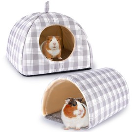 Hedgeink Guinea Pig House with Rabbit Hideout, 2 Pack Guinea Pig Toys Set Rabbit Bed and Guinea Pig Tunnel, Guinea Pig Accessories for Hamster, Ferret, and Bunny, Gray Plaid