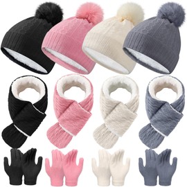 Jeere 12 Pcs Kids Winter Beanie Hat Gloves Scarf Set for 3-5 Toddler Pom Fleece Scarf Knit Cap Children for Boys Gift Girls(Black, White, Pink, Gray)