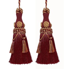 DÉCOPRO Elegant 17.5cm (7") Key Tassel, 10cm (4") Loop, accented with Rosette and Tassels (Style# BKT) Autumn Leaves Red #5716 (Burgundy Red, Apple Green, Light Gold) Pack of 2