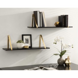 Kate and Laurel Soloman Black Wooden Shelves with Gold Metal Brackets, 2 Piece Set
