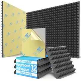 12 Pack Pyramid Sound Proof Foam Panels for Walls with Updated Self-Adhesive 2"X12"X12" High Density Acoustic Panels Sound Absorbing Fast-Expanding Soundproof Wall Panels for Gaming Studio Decor-Black