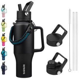 BJPKPK Insulated Water Bottles with Straw Lid, 35oz Metal Water Bottle with 2 lids & Paracord Strap, Double Wall Stainless Steel Tumbler with Handle, Reusable Cups, Mugs, Thermos, Black