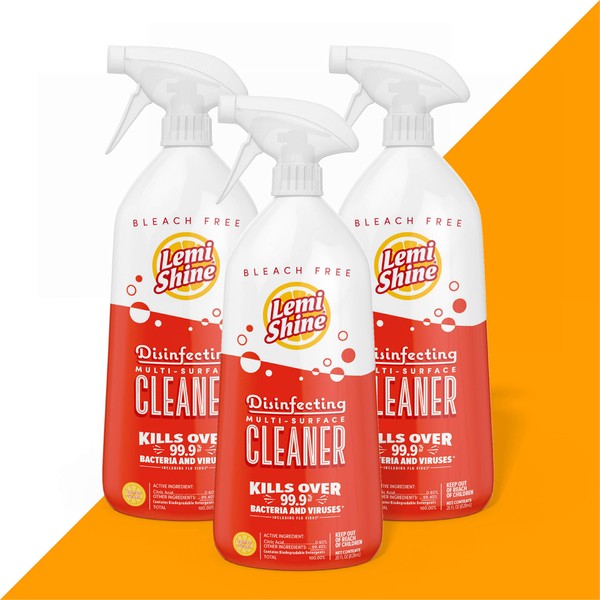 Lemi Shine Antibacterial Disinfecting Spray & Multi Surface Cleaner | All Purpose Cleaner Powered By Citric Acid | Kills Over 99.9% of Bacteria & Viruses | Bleach-Free Formula with Fresh Lemon Scent, 28 oz. (3 Pack)