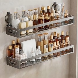 BREIS Shower Caddy, 2 Pack Bathroom Shelves, Suction Cup Bathroom Organizers and Storage, No Drill Shower Shelf for Kitchen & RV Storage, Home Decor Accessories, Apartment Essentials (Gray)