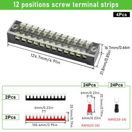 4sets 12 Position Electrical Terminal Block Strips，Dual Row Screw Terminals Strip with Fork Wire Connectors for Wiring