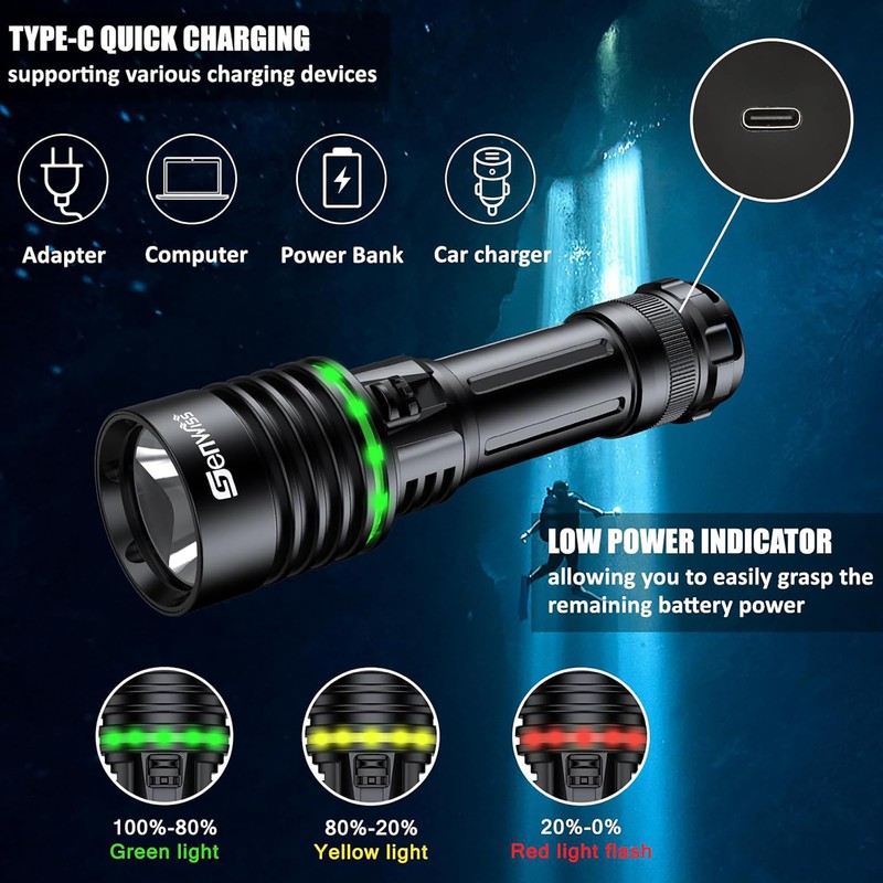 Genwiss Dive Light, 2000 Lumen Underwater Flashlight, IPX8 Waterproof Scuba