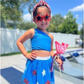 Socutebabe 4th of July Toddler Girl Outfit Baby USA T-Shirt and Tulle Tutu Skirts Little Girls Dress Fourth Of July Clothes (U One shoulder Stars Blue, 18-24 Months)