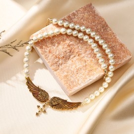 Flyonce Angel Wing Necklace, Rhinestone Crystal Simulated Pearls Enamel Wings Choker Necklace with Cross Pendant Brown