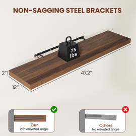 Vivelove Wide Floating Shelves for Wall 12 Inch Deep, 47.2" X 12" X 2" Floating Shelf, 2 Inch Thick Shelf for Living Room Bathroom Bedroom Kitchen Book Room, Rustic Farmhouse Decor Set of 2, Walnut