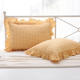 Mywinlle Yellow/White Plaid Ruffle Pillow Shams Standard Size Set of 2, Checkered Washed Cotton Mustard Gingham Pillow Covers Vintage Pillowcases 20"x26"