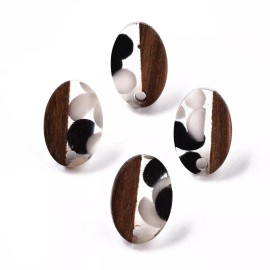 Unbranded 10 Wood and Resin Stainless Steel Oval Earring Posts Studs - 15mm - Black White