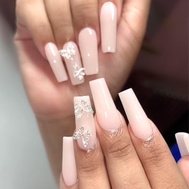 AddFavor 240pcs Square Press on Nails Long Nude Pink Fake Nails Press ons Glossy Acrylic False Nails with Adhesive Glue Tabs for Women Girls