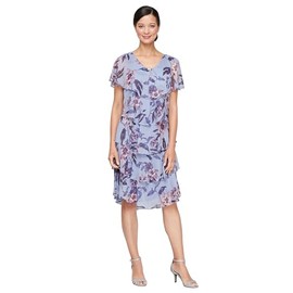 S.L. Fashions Women's Short Sleeve Floral Tiered Chiffon Cocktail Spring/Summer, Wedding Guest Dress, Periwinkle
