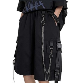 MEINVQIAOTI Black Cargo Pants for Women Street Harajuku Loose Straight Shorts Black Pants with Chains, Black, Large