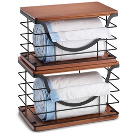 YAFFWA Extra Large Trash Bag Holder Stackable Kitchen Storage, 2 Pack Wall Mounted Pantry Organizers and Storage with Bamboo Top, Garbage Bag Dispenser Under Sink for Laundry Room and Kitchen