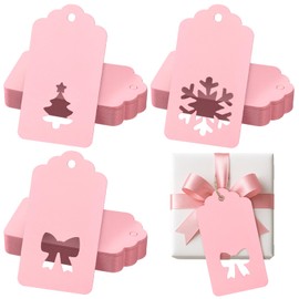 Civaner 120 Pcs Christmas Pink Gift Tags with String Pink Name Hanging Paper Tag with Hollow Bow Xmas Tree Snowflake 2.2 x 3.7 in Gift Wrapping Label Bulk for Xmas Holiday Winter DIY Craft Party Favor
