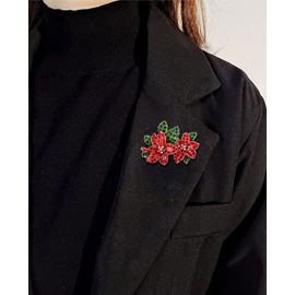 Christmas Brooch Pins Red Cubic Zirconia Dainty Flower Christmas Jingle Bell Brooches Clip Lape Pin Xmas Corsage Brooch Cute Christmas Accessories Jewellery Gifts for Women Girls Gifts Party, Metal,