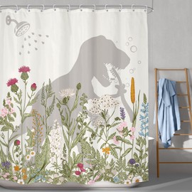 LGhtyro Dinosaur Wildflower Kids Shower Curtain Bathroom Set 60Wx71H Inches Funny Dino Silhouette Floral Rustic Plant Leaves Botanical Bath Accessories for Boys Art Home Decor Fabric 12 Pack Hooks