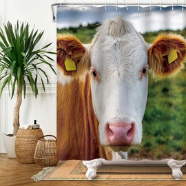 ASDCXZ Funny Shower Curtain 180 x 180 cm, Funny Cow Head Bath Washable Shower Curtains Polyester Textile Waterproof Bath Curtain for Bathtub with 12 Hooks