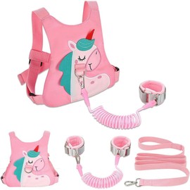 3 in 1 Toddler Harness Leash + Baby Anti Lost Wrist Link, Cute Pattern Child Safety Harness Tether, Kids Walking Wristband Assistant Strap Belt for Parent Girls Outdoor Activity (Pink)