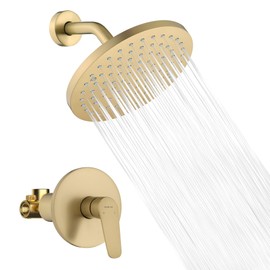 Lavatrum Brush Gold Shower Head and Handle Set Single Spray Premium Wall Mount 8 Inch Rainfall Round Shower Faucet with Rough-in Valve and Trim Kit for Bathroom（1.8GPM)