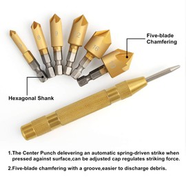 COMOWARE Countersink Drill Bit Set- 7 Pcs Counter Sinker Drill Bits for Wood, Quick Change, 1/4'' Hex Shank, High Speed Steel, 5 Flute 90 Degree Center Punch Tool, 1/4''-3/4''