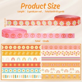 Whaline 12 Rolls Groovy Retro Hippie Boho Ribbon Rainbow Butterfly Daisy Flower Craft Ribbon 60 Yards 3/8 Inch Printed Grosgrain Fabric Ribbon for Wreath Bow Making DIY Crafts Wrapping