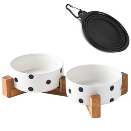 Petygooing Ceramic Dog Bowl Set with Stand,Cat Dog Food and Water Bowl,Small Dog Bowls Anti -Slip Set of 2 Cat Dog Bowls-Dog Food Bowls- Dog Bowls Small Size Dog (13.5OZ/5.1 in) Black Dot