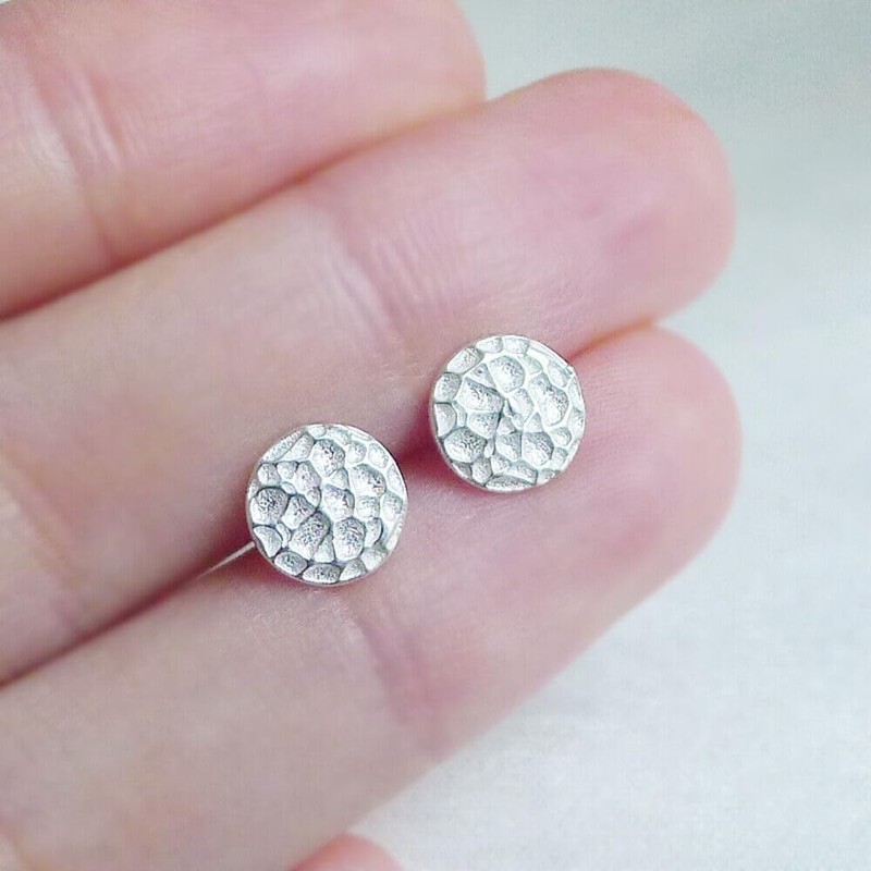 Sterling Silver Solid 10mm Hammered Round Circle Disc Dot Stud