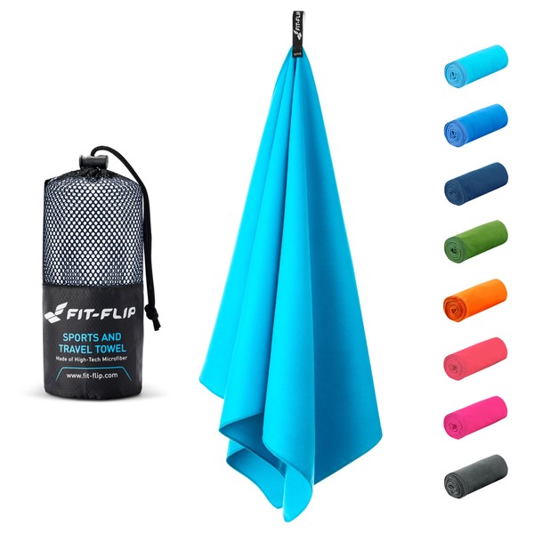 Fit-Flip Microfibre towel - compact, ultra lightweight & fast-drying microfibre towels - gym towels, travel towels and beach towels microfibre (90x180cm cyan + bag)