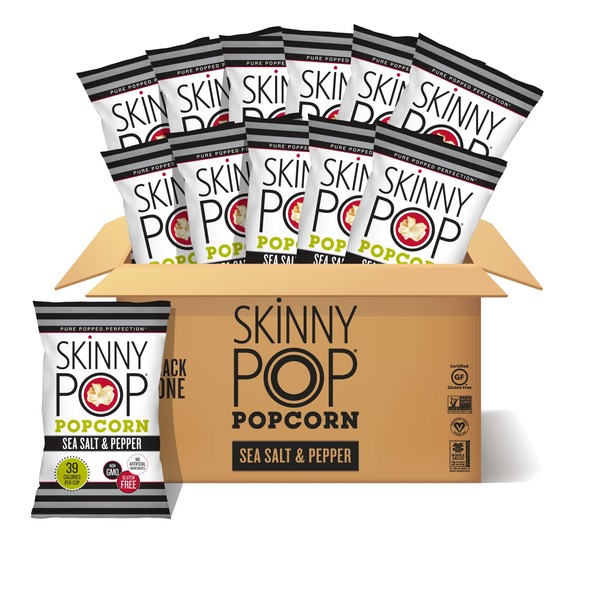 SkinnyPop Sea Salt & Pepper Popcorn, Gluten Free, Non-GMO, Healthy Popcorn Snacks, Halloween Snacks for Kids, Skinny Pop, 4.4oz Grocery Size Bags (12 Count)