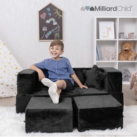 Milliard Kids Couch - Modular Kids Sofa for Toddler and Baby Playroom/Bedroom Furniture (Black) with Bonus Pillow