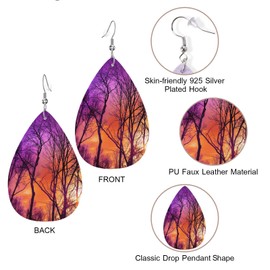 Zokola Wood Trees Teardrop Earrings, Colorful Forest Sunset Dusk Foliage Cloud Nature Double-Sided Dangle Earring For Women Friends, Lightweight Faux Leather Earrings