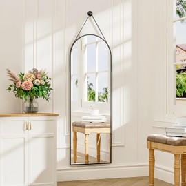 Dewfig 16"x48" Hanging Mirror with Leather Strap,Arched Full Length Mirror with Aluminum Frame Wall-Mounted Hanging Mirrors for Bathroom Vanity Living Room Bedroom Entryway Décor, Black