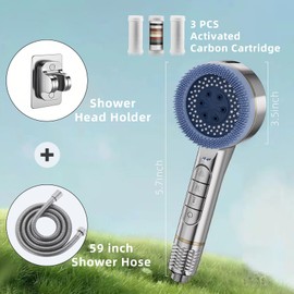 CHOUPIJIANG Filtered Shower Head, 5 Spray Modes ShowerHead with Handheld,High Pressure Filter Shower Head with Hose,3.5 inch Round Water Softener Filters Beads for Hard Water,Silver