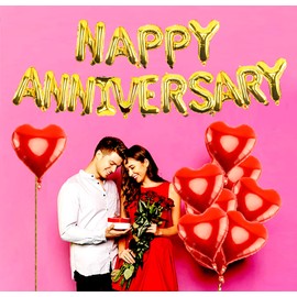 Happy Anniversary Balloons Decorations - 16 Inch Gold Anniversary Letters Banner with 18 Inch Heart Balloons, Happy Anniversary Backdrop for Room Wedding Party Celebrations Valentines Day Decor