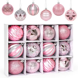 Christmas Baubles, Pink, 6 cm, Pack of 12 Plastic Christmas Tree Baubles, Christmas Decoration, Christmas Baubles Ornaments, Shiny Christmas Tree Decoration for Party, Wedding, Christmas