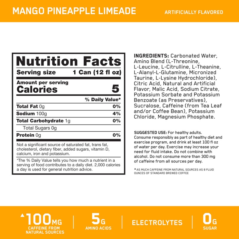 Optimum Nutrition Amino Energy Sparkling Hydration Drink, Electrolytes, Caffeine, Amino