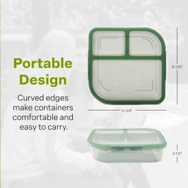 Large To-Go 3-Compartment Food Container, 9.4" X 9.4" X 2.5", Reusable, Microwave Safe, NSF Certified, Smoke/Green