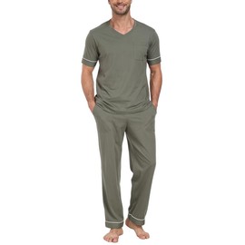 CF Mens Pajamas Set Cotton Sleepwear Pajamas for Men Soft Comfy Pjs 2 Piece Nightwear V-Neck Short Sleeve Top & Long Pants Loungewear with Pockets (Army Greene,XL)
