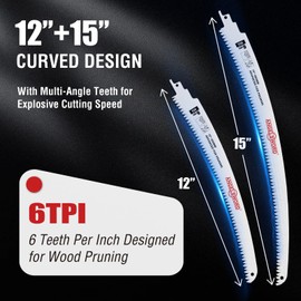 ANGELSWORD 12 Inch(2-Pack)& 15 inch(3-Pack) Arc Edge Reciprocating Saw Blade, 6TPI Wood Pruning Saw Blades for Tree Trimming, Wood Cutting