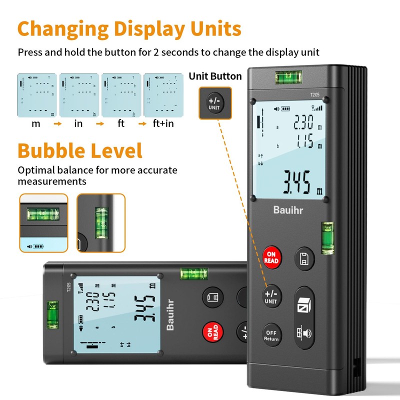 Bilateral Laser Measurement Tool, Bauihr 393ft/120M Rechargeable Aluminum Dual Laser