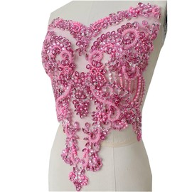 Handmade red/Blue/Gold/Green Rhinestones lace Bodice Applique Sewing Beads Crystal Trim Patches Accessory for Dress Clothes (Pink)