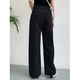 HDLTE Women Wide Leg Jeans Junior High Waist Baggy Jeans Loose Boyfriends Jeans Black Washed