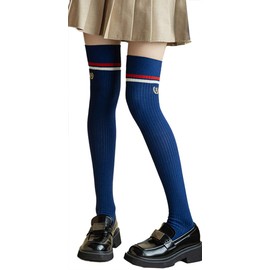 Ekieta High Socks, Women's Knee-High Socks, Cotton, Beautifies Legs, Compression, for Cosplay or Uniforms, Cute, for School, Work, Party, Graduation Ceremony, blue (navy blue)