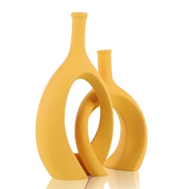 WUBIANJIE Yellow Ceramic Vase - Modern Boho Decor, Mustard Yellow, Round, Anti-Slip Base, Perfect for Living Room, Bedroom, Bathroom