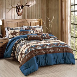 ESCA Western Cowboy Comforter Set Queen Size Magna Rustic Brown and Blue Lodge Bedding